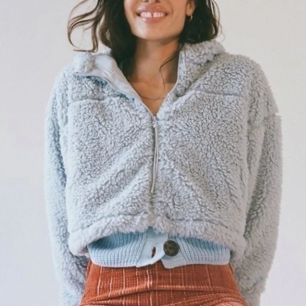 UO BDG light blue cropped hooded zip up teddy jacket